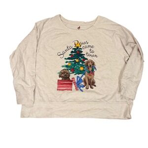 Womens Christmas Dog Graphic Long Sleeve Crewneck Sweatshirt Beige Santa paws 2x